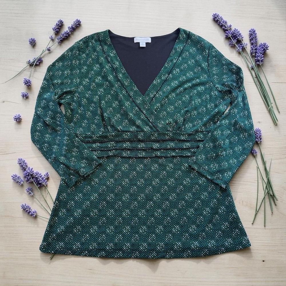 Charter Club Green Geometric Print Faux Wrap Top Blouse 3/4 Sleeve Womens M